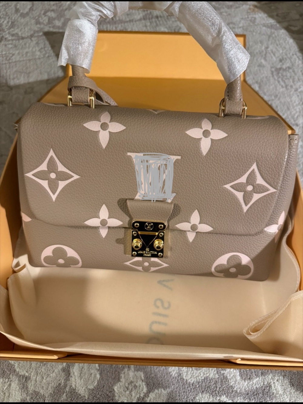 Top-Handle Monogram Satchel in Taupe with Light Pink Accents